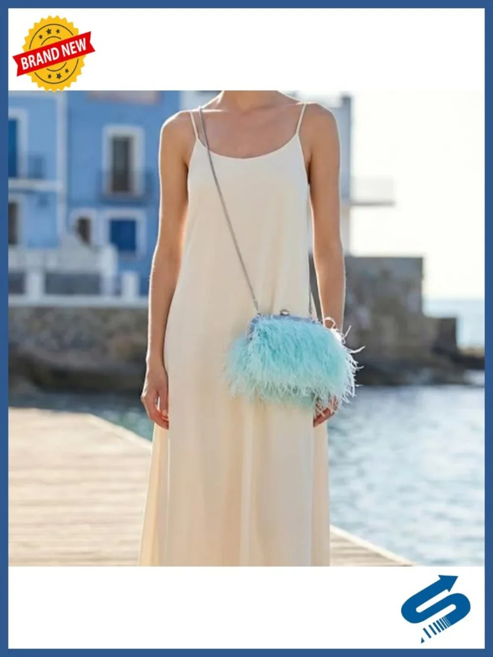 Vintage Fluffy Ostrich Feather Evening Bag Clutch Pearl Chain Bridal Purse